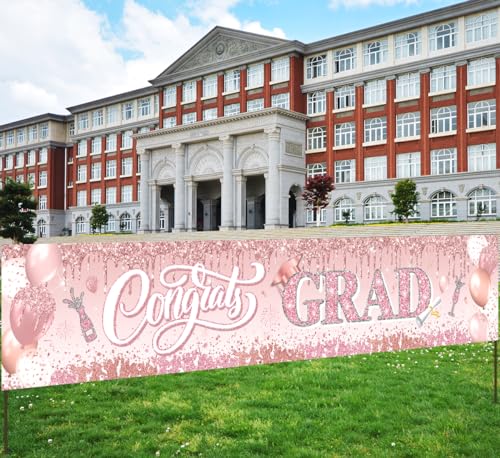 Image of Pink Graduation Party Decorations Class of 2026 Banner Congrats Grad Rose Gold Graduation Yard Sign Banner for Class of 2026 Graduation Party Supplies