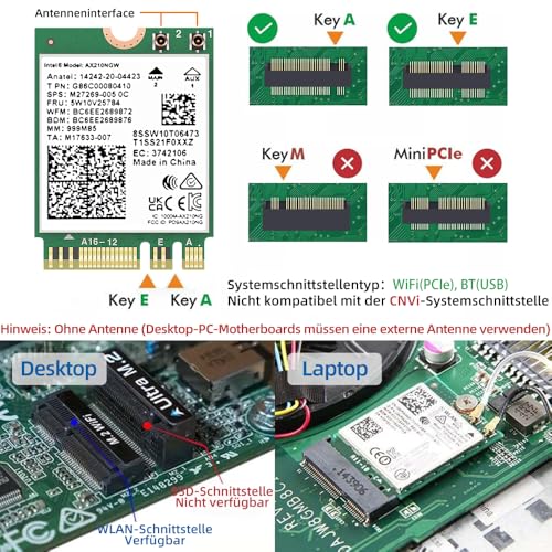 AX210NGW WiFi-Karte, Wi-Fi 6E 11AX-Funkmodul Erweitern Sie auf 6 GHz MU-MIMO Tri-Band-Netzwerkadapter mit Bluetooth 5.3