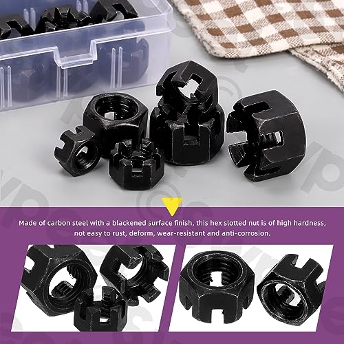 Swpeet 60Pcs 6 Sizes Black Grade 4.8 Carbon Steel M10 M12 M14 M16 M18 Hexagon Slotted Nuts Assortment Kit - Image 4