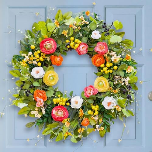 Spring Wreaths for Front Door Soomeir Summer Peony Outdoor Wreath Green Floral Door Decor for All Season Home Wall Wedding Farmhouse Holiday Colorful Peony