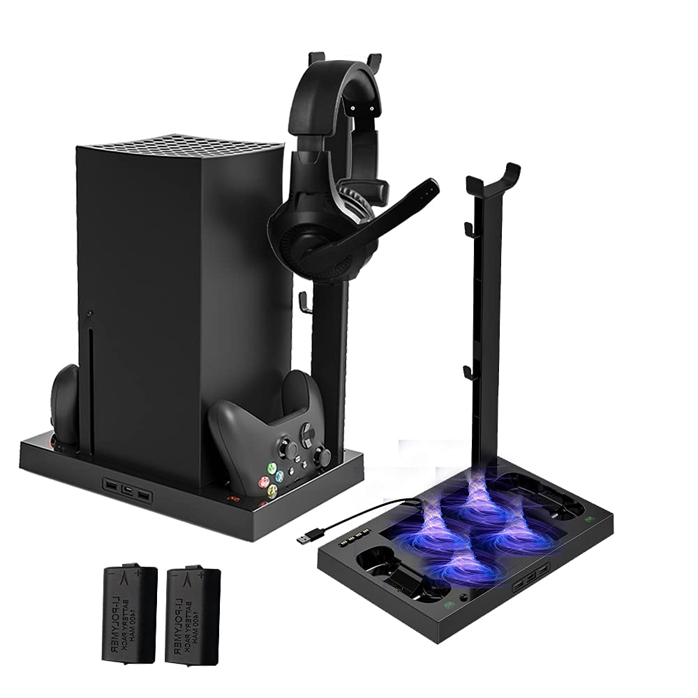 Vertical Cooling Stand for Xbox Series X, Megadream Console Cooling Fan Base, with 2x1400mAh Rechargeable Batteries, Contr...