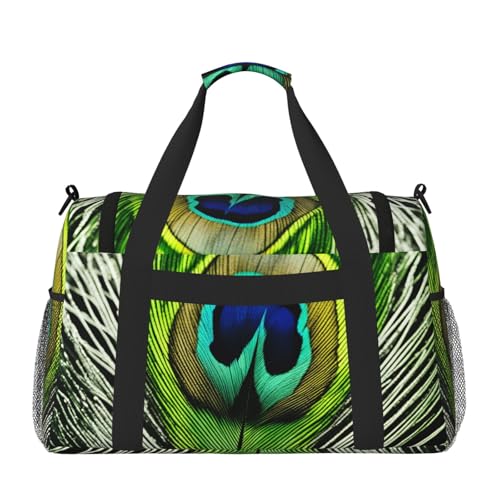 Green Peacock Feather Print Stylish Foldable Carry On Tote with Waterproof Zipper for Weekend Getaways Bag2
