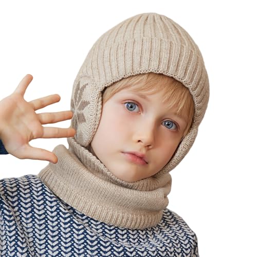 Cheerful Mario 3-8 Año Set de Gorro y Bufanda Niño Invierno Gorro Lana con Orejeras Braga de Cuello Forro Polar Beige