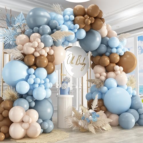 Image of 412Pcs Dusty Blue and Brown Balloon Arch Kit, 5 10 12 18inch Bear Baby Shower Decorations with Brown Sand White Dusty Blue Balloons for Baby Shower Decorations Gender Reveal Birthday Party Decoration