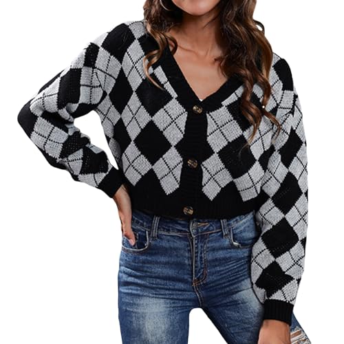 Image of Wowcarbazole Women's Knit Cardigan Sweaters Long Sleeve Argyle Open Front Button Down V Neck Cropped Coats Casual Trendy Tops(Grey Black-XL)