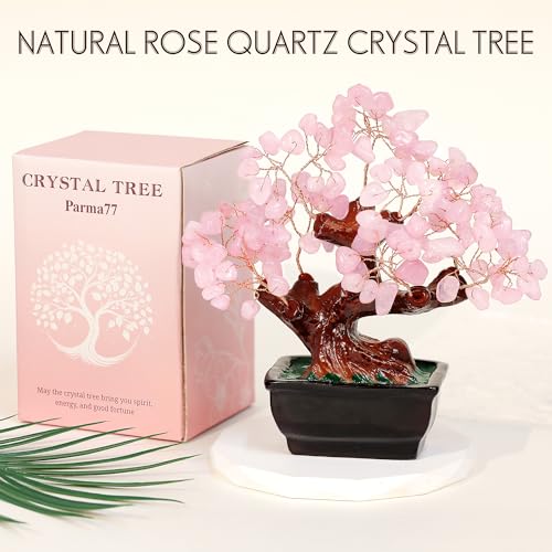 Parma77 Feng Shui Natural Rose Pink Quartz Crystal Money Tree, Healing Crystal Trees Bonsai Style Decoration for Wealth and Luck for Home Decor, Gifts for Women
