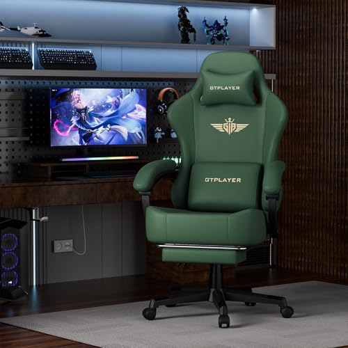 Image of GTPLAYER Gaming Chair with Pocket Spring Cushion, Big and Tall Gamings Chairs 350LBS High Back Computer Chair with Footrest for Adults Lumbar Support Swivel Game Chair for Office, Leather Green