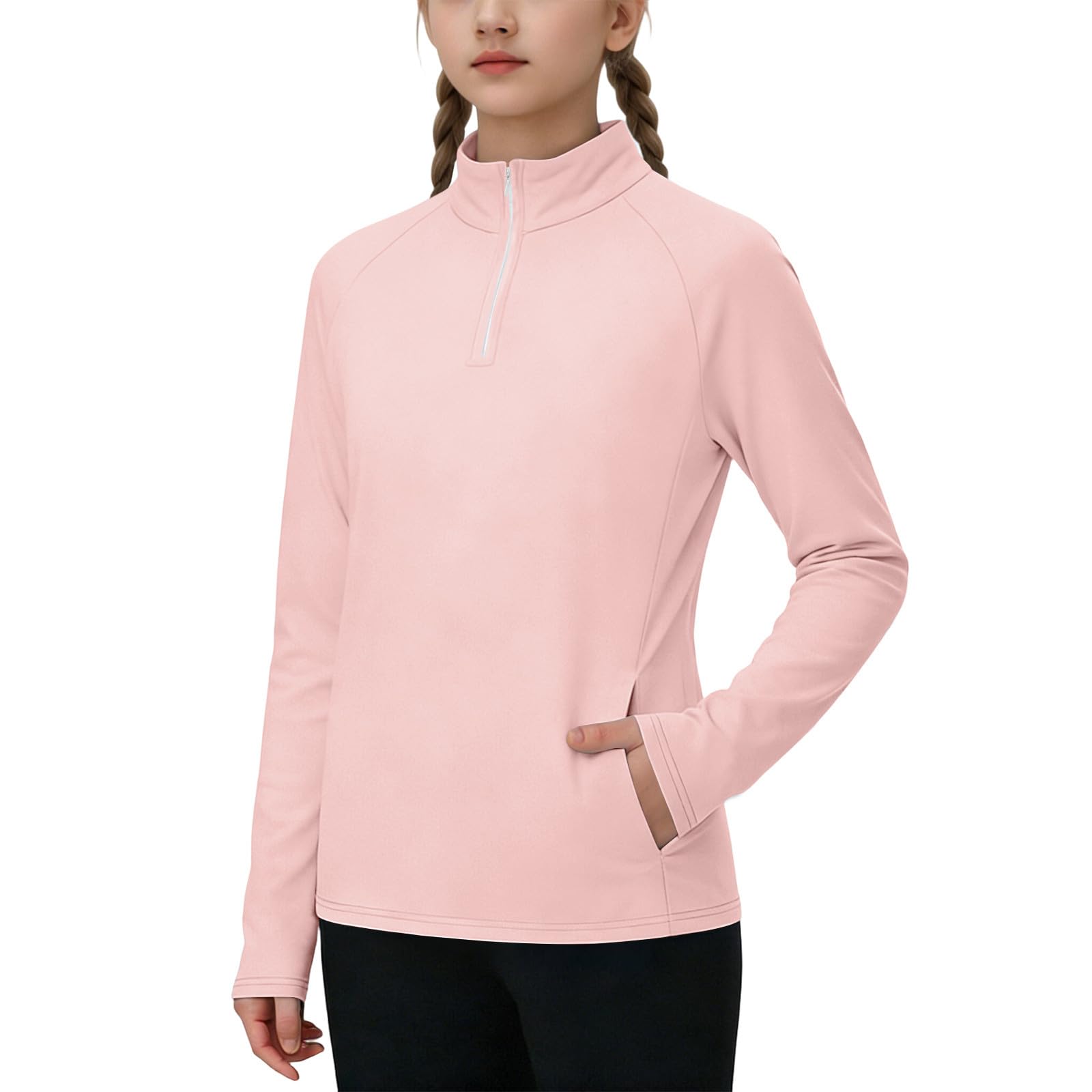 Camiseta de Protección Solar Niña Manga Larga 1/4 Cremallera Secado Rápido Transpirable Thumbhole 4-15 años