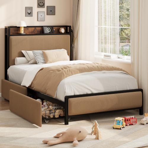 Image of GAOMON Twin Size Bed Frame with 2 Drawers and Charging Station, Brown