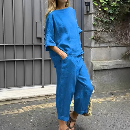 Womens Two Piece Linen Sets 3/4 Sleeve Blouse Top Loose Capri Pants Sets with Pockets Solid Color2