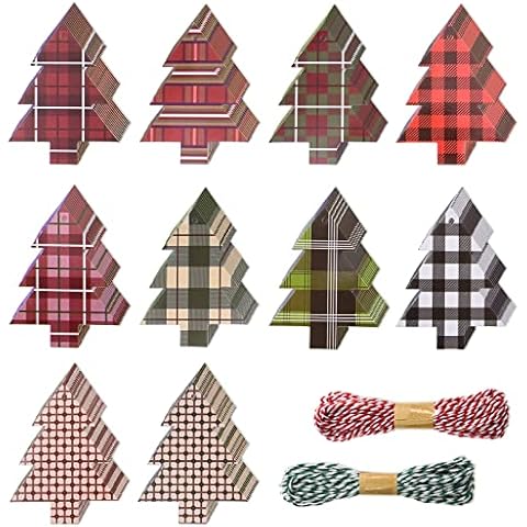 300 Pieces Christmas Gift Tags Christmas Tree Shape Gift Tags Buffalo Plaid Christmas Tree Present Tags Xmas Holiday Hanging Tag Label with Ropes for DIY Gift Wrapping Decoration Supplies,10 Styles Cover