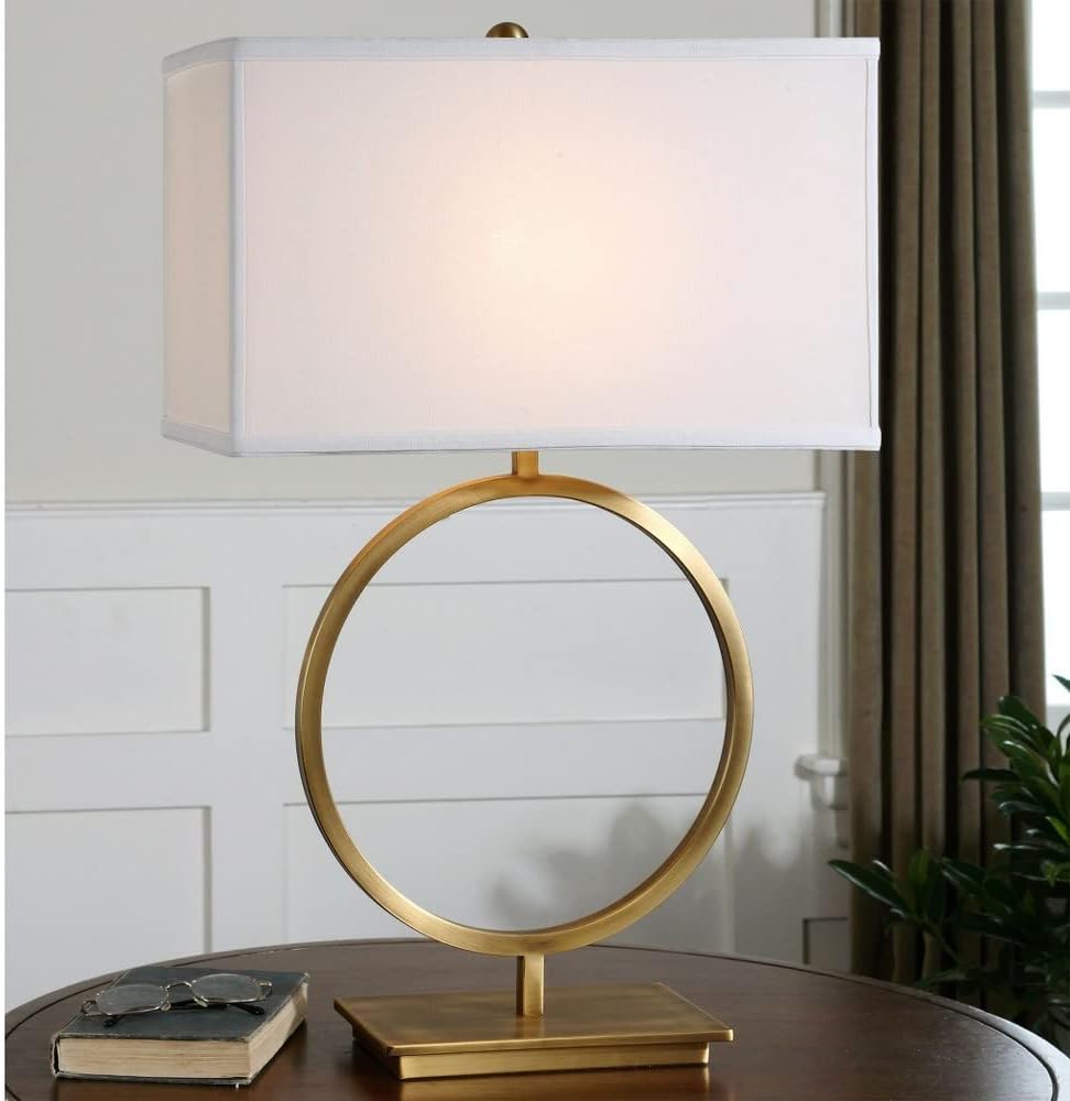 Brushed Brass Open Ring Table Lamp with White Linen Shade