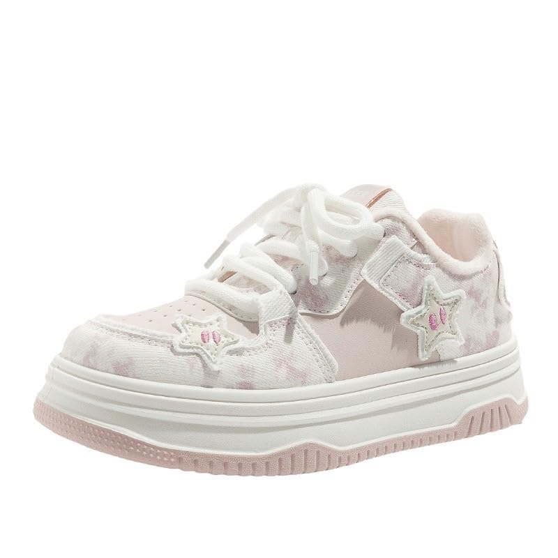 Star Shoes Walking Sneakers for Women Pink Fuzzy Lined Platform Low Top Round Toe Sneakers with Cute Plush Pink Stars US5.5-8