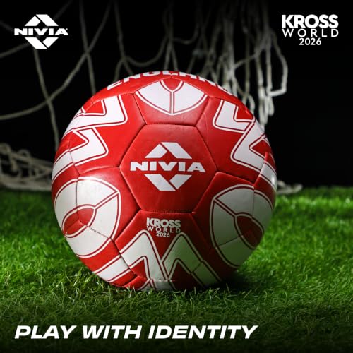 Image of Nivia Kross World Football (England) Training Ball, 32 Panels, Durable Rubber Hand-Stitched, Latex Bladder, As Per AIFF Standards, to Play On Both Natural and Artificial Grass (Size - 5, Red)