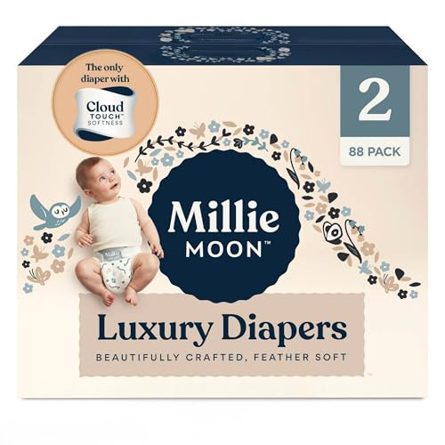 Millie Moon Luxury Diapers – Ultra Soft CloudTouch Disposable Diapers with 12 Hour Absorbency & Wetness Indicator (2-88ct)