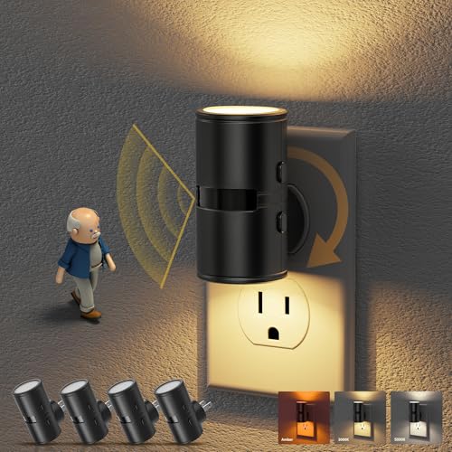 Image of JandCase Motion Night Light, Rotating Night Lights Plug into Wall, 3 Colors 3000K-5000K-Amber, Dusk to Dawn & Motion Sensor, 3 Level Brightness Nightlight for Bathroom Bedroom Hallway [4 Pack]
