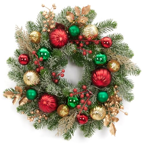 GarveeHome 16 Inch Prelit Christmas Wreath for Front Door, Artificial Xmas Wreath with Red Green Gold Ball Ornaments 30 Led Lights Battery Operated for Indoor Outside Fireplace Window Decor