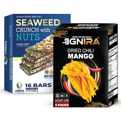 Seaweed Crunch with Nuts Vegan Snack Bars Cashews Almonds Pumpkin Seeds and Chili Dried Mango Sweet and Spicy Fruit Snack Strips Bundle, Asian Seaweed Chips and Real Fruit Snacks for Office On the Go image 5