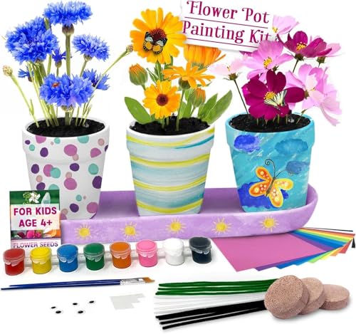Pinwheel Crafts Flower Pot Painting Kit Paint Your Own Kids Gardening Set with Seeds Soil 8 Paints 2 Brushes & 3 Pots DIY Plant Growing Kit for Kids Ages 8-12+ Kid Gardening Set
