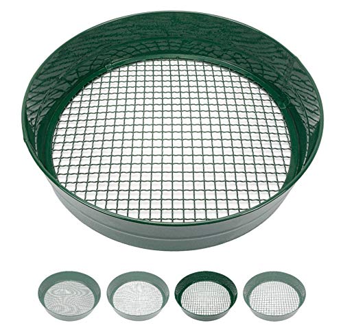 Sterico Tamiz de jardín con Diferentes tamaños de Malla | Tamiz Redondo de 33cm Ø | Criba de Tierra para Semillas, Tierra, Compost, Piedras, Hierbas, Grava | Apilable | Robusto | Antioxidable (9 mm)