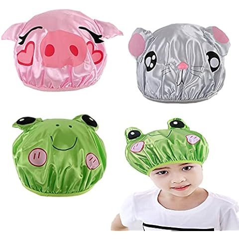 FineInno 3 Packs Kids Shower Cap, Cartoon Bath Caps Double Layer Waterproof Reusable, Frog, Pig, Mouse Shower Hat Cover
