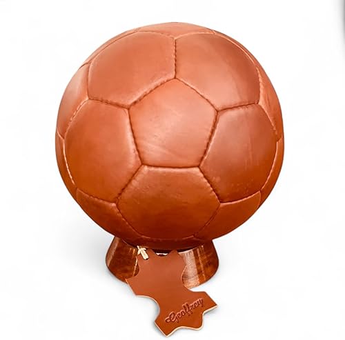 Geoffrey Balón de fútbol vintage de 32 paneles, 100 % piel de vaca con base de madera, bronceado y marrón oscuro, blanco y negro, Br I Tan I antiguo
