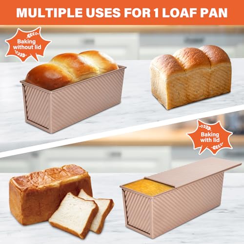Image of Pullman Loaf Pan with Lid 13x4 Inch, 2.2lb Dough Capacity for Homemade Bread, Non-stick Corrugated Carbon Steel Bread Toast Box with Cover for Bakeware, Sandwich & Toast Oven Baking, Gold