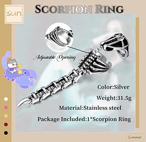 GAUEIOUR Scorpion Ring,Retro Scorpion Ring Personality Punk Hip Hop Men's Open Ring,Halloween Cosplay Finger Accessories,Scorpion Ring Tail Trend Handsome Ring (Silver)