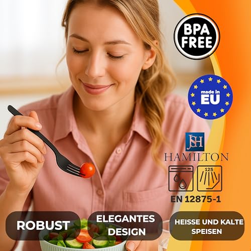 RAGO® 100-teiliges Mehrweg Besteckset I Wiederverwendbares Plastikbesteck aus Kunststoff – 50 Messer, 50 Gabeln I Schwarz, Spülmaschinenfest nach EN 12875-1, Stabil & BPA-frei