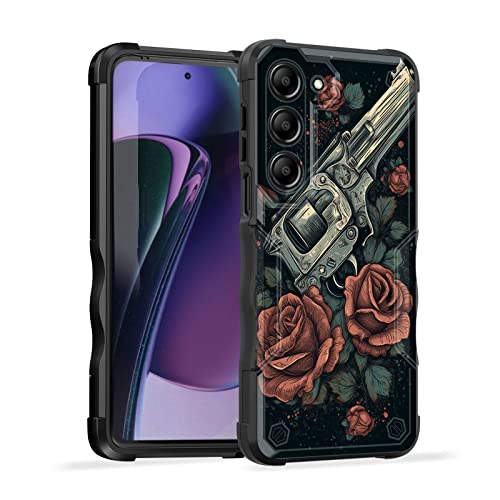 EFGWSDER for Galaxy S23 Case,[Dual Layer][10 FT Military Grade Drop Protection] [Non-Slip] Heavy Duty Shockproof Case for Samsung Galaxy S23 6.1" 2023,Guns and Rose Flowers