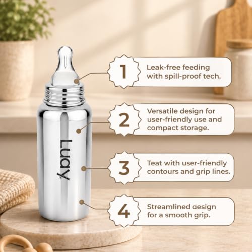 Image of LUAY Baby Steel Feeding Bottle 250ml | Baby Milk Bottle with Advanced Anti Colic Valve, BPA Free, Soft Silicone Teat, Wide Neck for Babies /Infants /Newborns (Pack of 2)