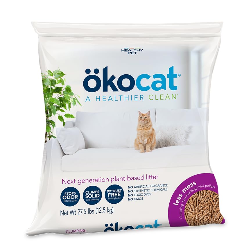 ökocat Less Mess Low Tracking Wood Clumping Cat Litter Mini- Pellets, Unscented, 27.5 pounds XL - Natural Ingredients, Stops Odor, Clumps Solid, 99% Dust Free, Great for Long-Hair Breeds