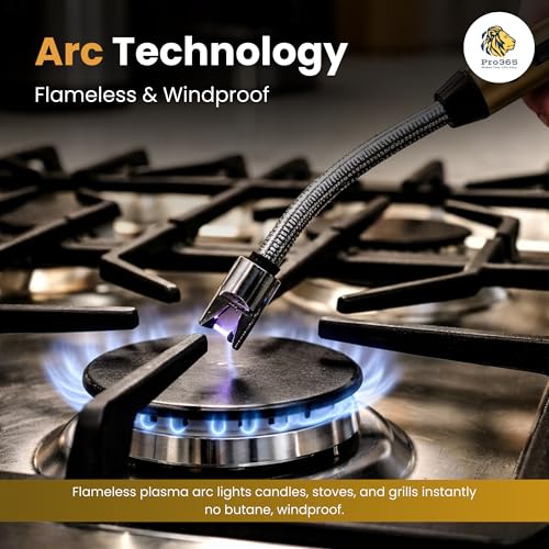 Image of PRO365 USB Rechargeable Electric Candle Lighter | Windproof Arc Lighter with 360 Flexible Neck | Safety Lock & LED Indicator | Flameless Kitchen & Outdoor Gas Lighter(Gold)