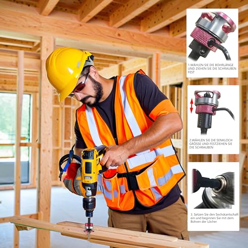 ZHEHNSA Kegelsenker holzbohrer mit senker, senkbohrer holz，bohrsenker mit Tiefenanschlag, Genauigkeit ±0,02mm präzise Bohrungen, für Holzverarbeitung, Hergestellt HSS-M2 1/4 Zoll Sechskantschaft