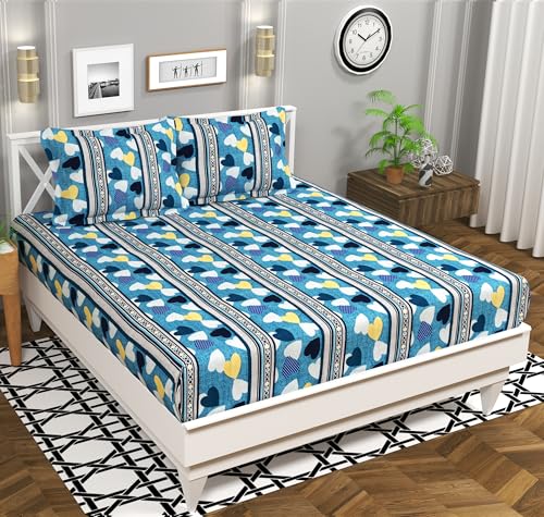 Image of BSB HOME 100% Cotton Double Bed Bedsheet Set | 144 TC Soft & Breathable | Blue & White Heart Print with 2 Pillow Covers | Wrinkle Free | for Bedroom & Gifting (90 x 90 Inches)