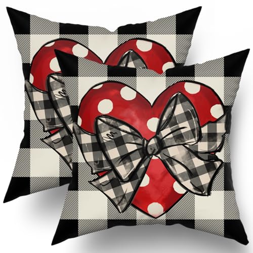 sorfbliss Valentines Pillow Covers 18x18 Set of 2 Valentine's Day Dots Love Heart Buffalo Plaid Decorative Throw Pillow Cases Valentine Couple Lovers Farmhouse Decor for Sofa Couch Bed