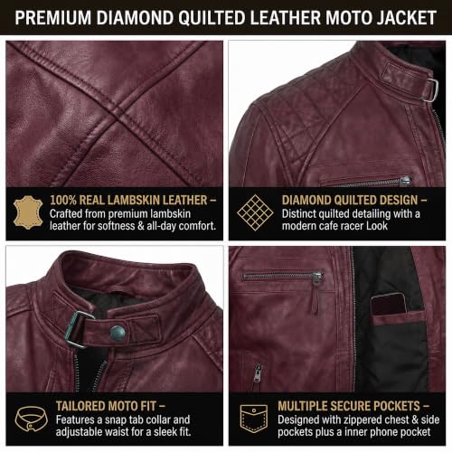 Image of Mens Vintage Retro Biker Cafe Racer Diamond Quilted Biker Jacket | Snap-Tab Collar with Adjustable Waist Genuine Leather Motorcycle Jacket
