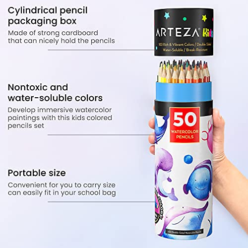 Arteza Kids Watercolor Pencils, 100 Colors, 50 Double-Sided Pencil Crayons With Nylon Watercolor Brush, Pre-Sharpened, Art And School Supplies For Painting, Drawing, And Doodling #TOP4