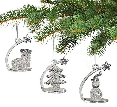 Glittered Christmas Tree Ornaments Boot Tree Snowman Set Of Three. #TOP4