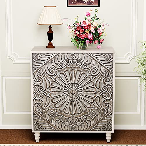 Hompus Accent Cabinet W Doors & Shelf,Rustic Boho Decorative Cabinet W Wood Grain Finish,Buffet Sideboard Storage Cabinet W Flower Pattern Doors,Coffee Bar Farmhouse Cabinet For Living Room,Entryway #TOP2