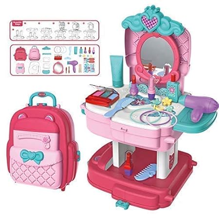 AKSHARAM AHAM Beauty Set Dressing Table School Bag 2 in 1 Pretend Play Make up Set Modern Children Cute Dresser Kit 30 Piece Kids Beauty Play Set Toy for Girls?