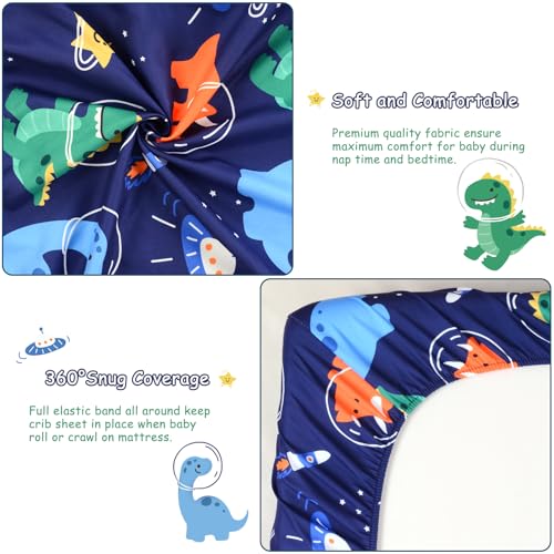 Image of JISEN Baby Crib Sheets Soft Breathable Space Dinosaurs Fitted Crib Sheets for Standard Crib and Toddler Mattress Baby Bed Sheets for Boys Girls Neutral 52x28 Inch