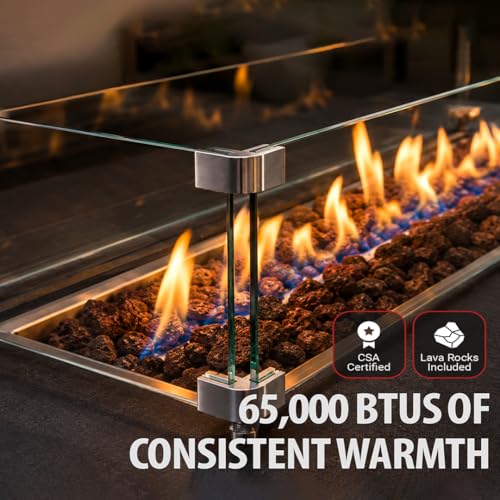 Image of AMS Creations | Chelsea 55 inches Rectangular Propane Gas Outdoor Fire Pit Table | Concrete GFRC Fire Pit Table | with SS Burner, Tank Cover, Canvas Cover, SS Lid, Lava Rock, and Wind Guard Included