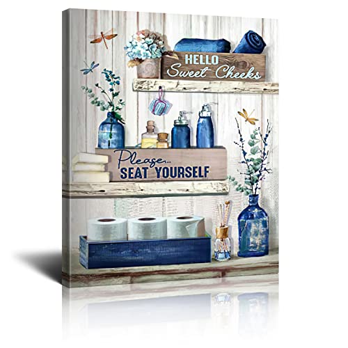 Bathroom Decor Canvas Wall Art Rustic Bathroom Sign Please Seat Yourself Print Paintings Navy Blue Bathroom Pictures Modern Home Artwork Decor For Bathroom Framed Ready To Hang 12x16 Inch