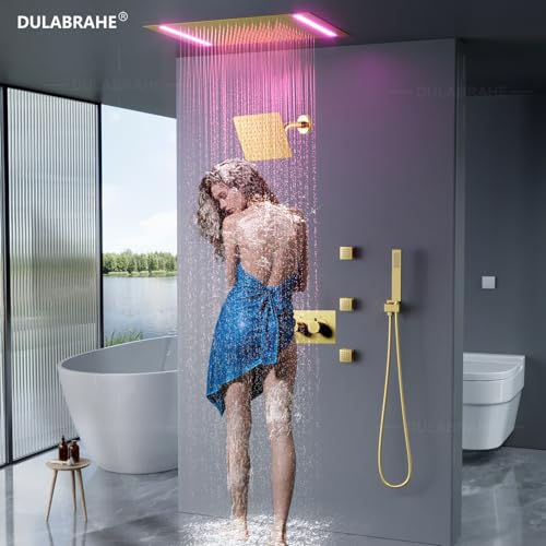 Sistema de Ducha Termostático Inteligente 14 X 20 Pulgadas Cabezal de Ducha LED de Lluvia para Techo, Mezcladora para Baño, Set con Jet Corporal en Bronce Cepillado miniatura 3