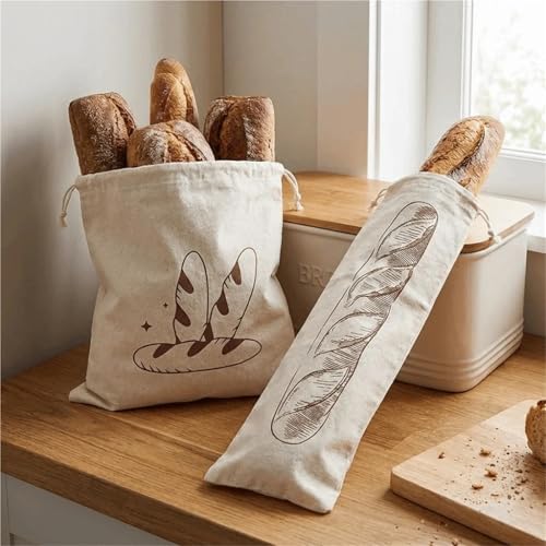Bolsas para pan de lino de dos tamaños con cierre de cordón ajustable 5