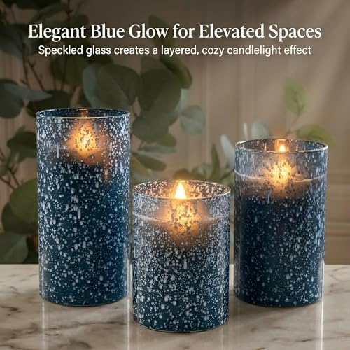 COVEGE Blue Flameless Candles with Remote, Set of 3 Battery Operated Pillar Candles for Home Decor, Real Wax Look LED Lights with Timer for Bathroom Decor, Table Centerpiece by COVEGE - Used condition - Image 2