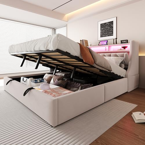 kozamas Cama doble tapizada de 180 x 200 cm con espacio de almacenamiento hidráulico y LED, terciopelo beige, enchufe USB/tipo C, cabecero plegable, incluye somier