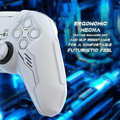 PlayVital Mecha Edition Silicone Cover Compatible with ps5 Controller with 2 Joystick Caps and 6 Stickers, Shockproof Non-Slip Grip Protector Accessories, Fits for ps5 Charging Station - White