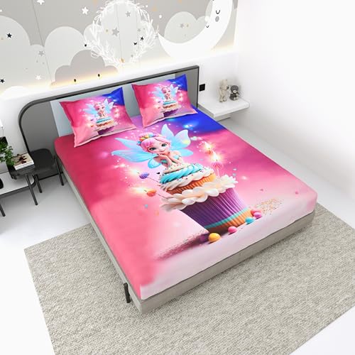 Image of Dream Weaverz 7D Bedsheet for Double Bed King Size with 2 Pillow Covers | Digital Printed & Fitted Elastic for Kids | Soft Glaze Cotton Feel | Fits Upto 12 Inch Mattress (Fairy & Cupcake)